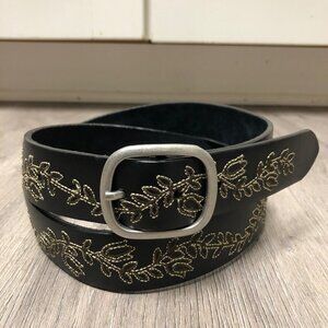Vintage Black Leather Belt Floral Embroidery Silver Tone Large Statement Buckle